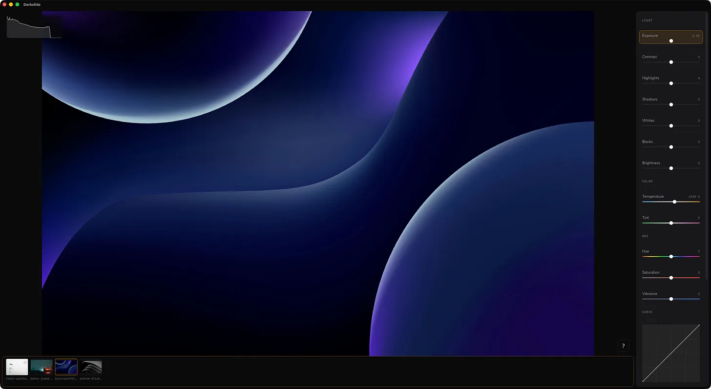 Dark purple abstract → “almost everything sits on the left; this image is mostly shadow”