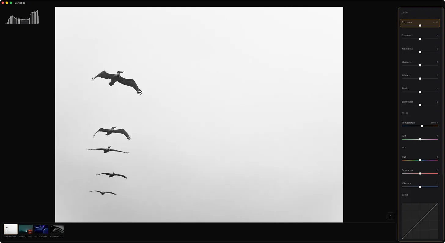 The birds/white-sky shot → “a tall spike on the right is the blown-out sky”